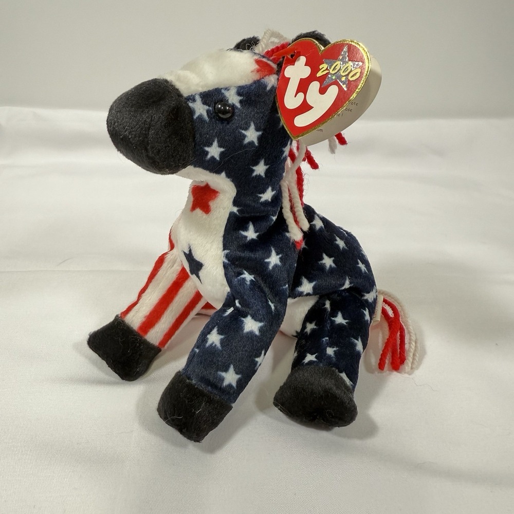 Ty Beanie Babies Lefty 2000 Donkey Plush Small Red White Blue Stars and Stripes